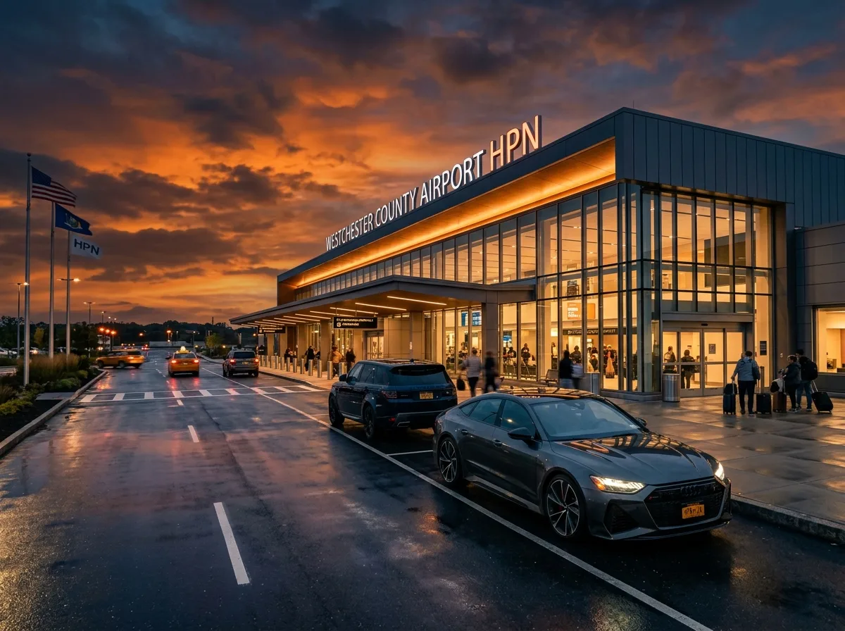 Westchester County Airport HPN terminal exterior at dusk, modern glass facade, dramatic orange sky, editorial automotive photography mood