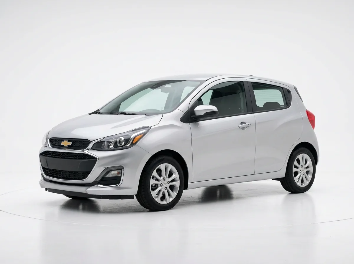 Chevrolet Spark economy hatchback, silver, white studio background, 3/4 front angle, clean product photography