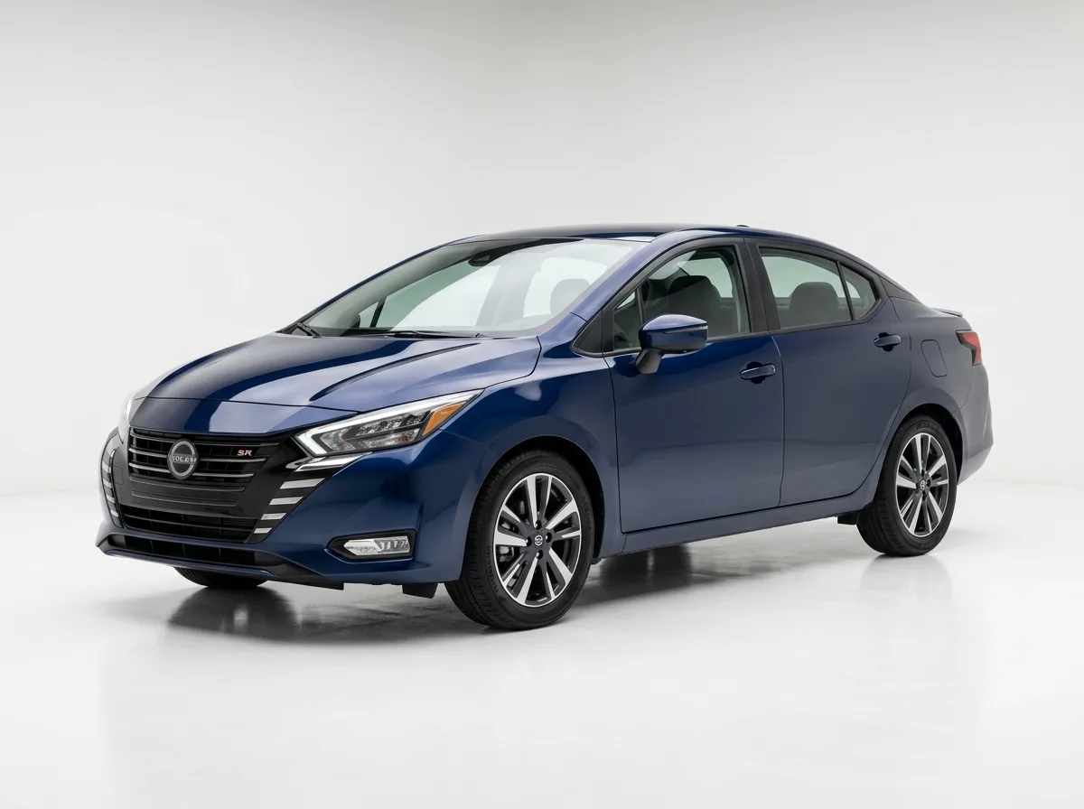 Nissan Versa compact sedan, dark blue, studio white background, 3/4 front view, automotive product shot