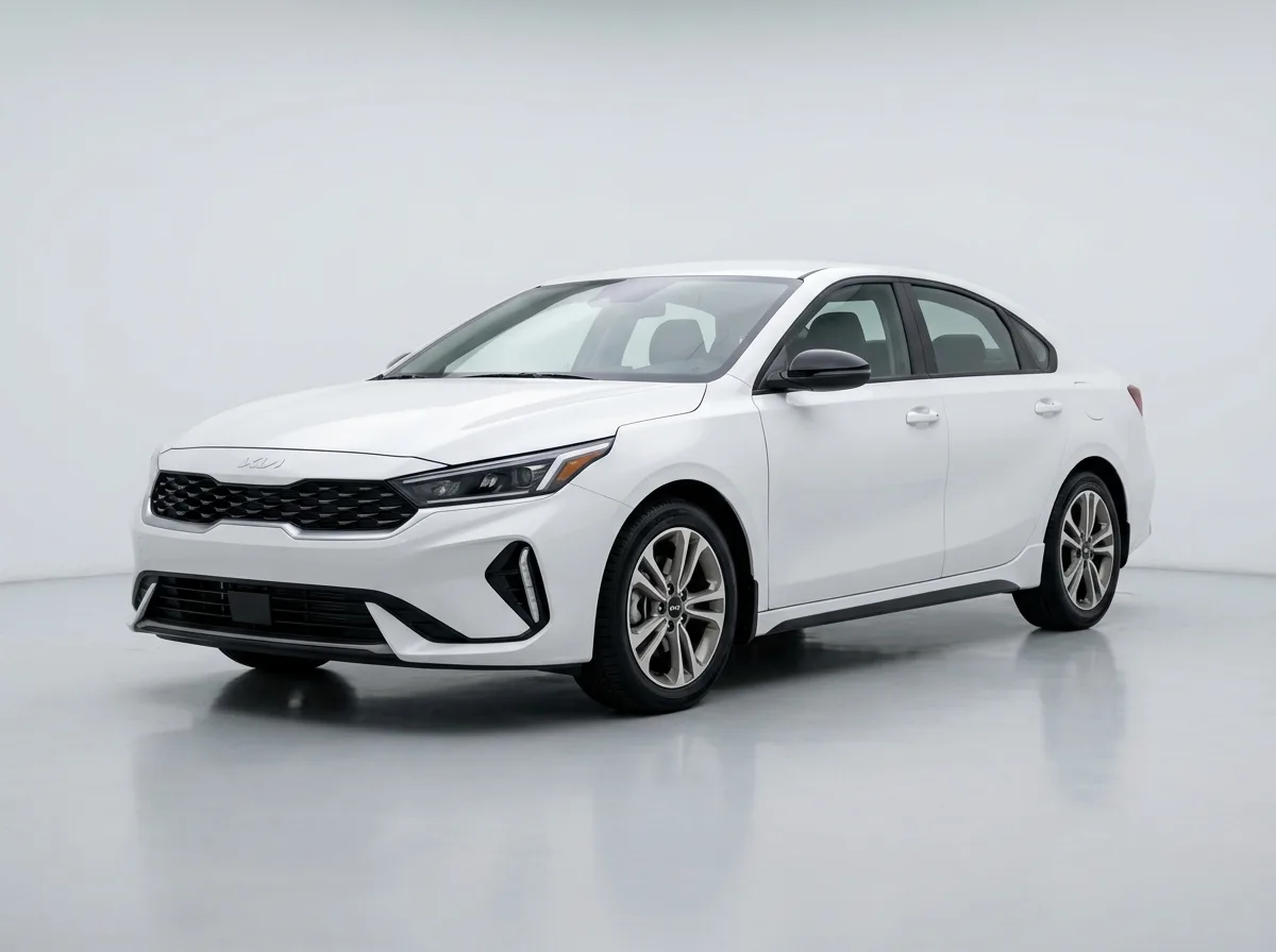 Kia K4 intermediate sedan, white, 3/4 front angle, clean studio background, rental fleet photography