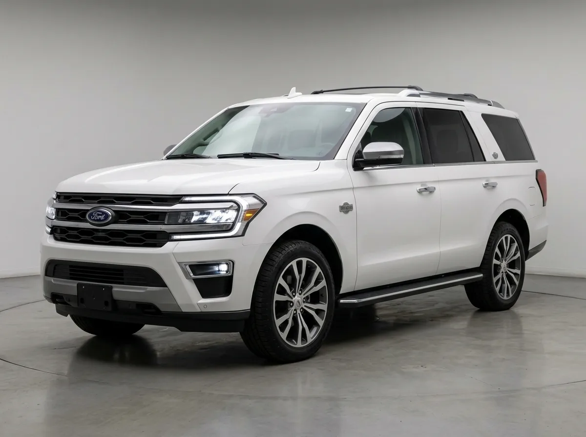 Ford Expedition full-size SUV, white, 3/4 front angle, large family vehicle product photography against neutral background