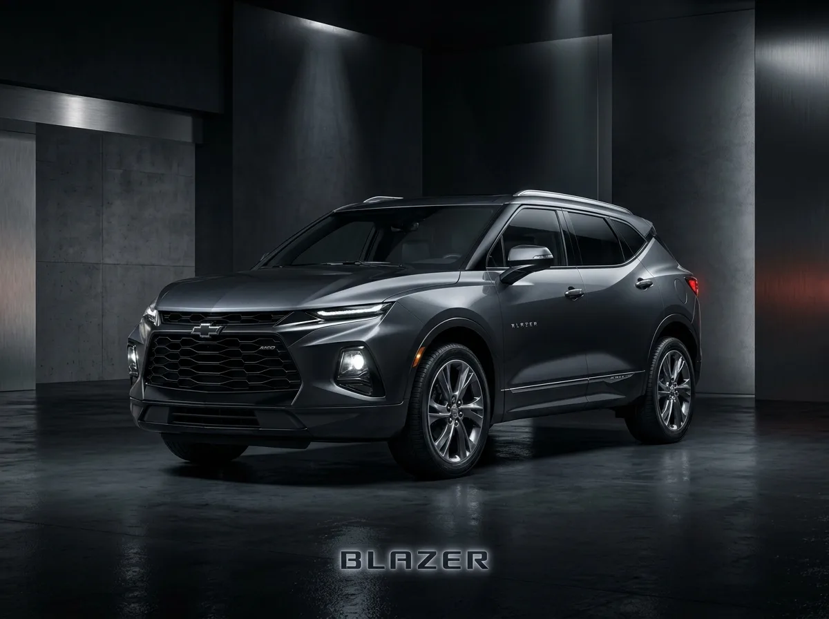Chevrolet Blazer premium SUV, metallic dark gray, dramatic studio lighting, upscale fleet vehicle product photography