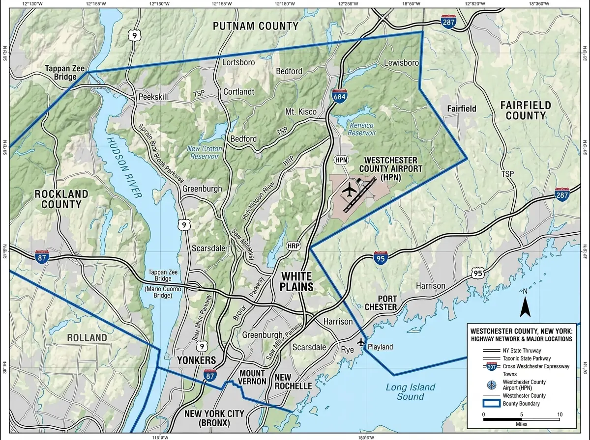 Aerial map view of Westchester County New York showing White Plains HPN airport location, highway network, county layout, cartographic style