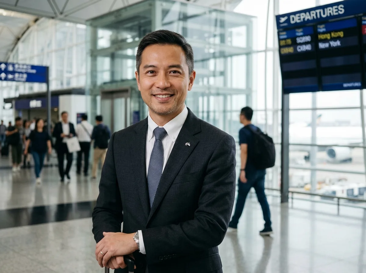 Portrait of Marcus Chen, business traveler, mid 40s, professional headshot style