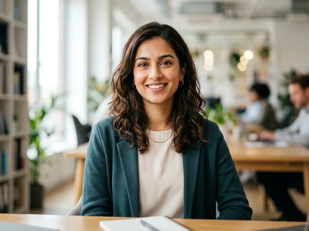 Portrait of Priya Mehta, South Asian woman, late 20s, casual professional headshot