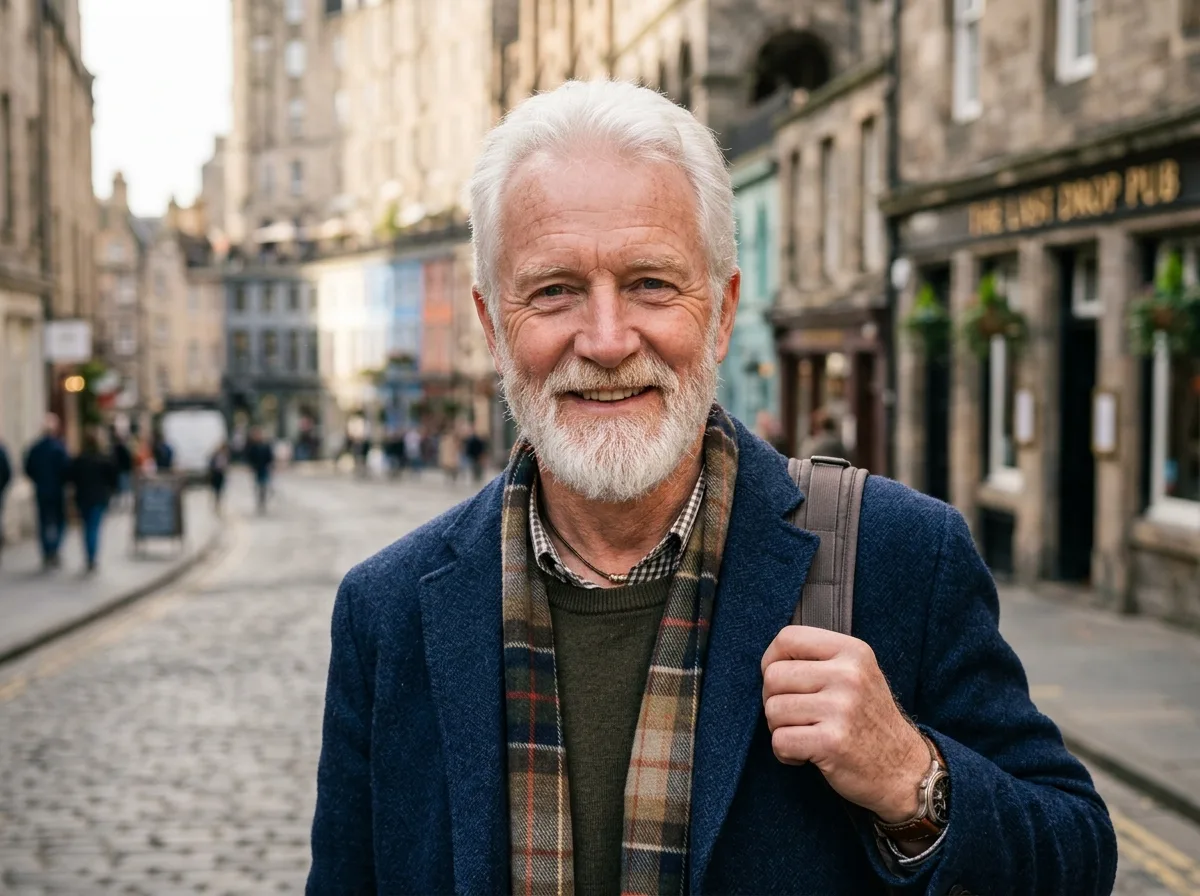 Portrait of Robert Sinclair, male traveler, 60s, white hair, friendly senior headshot