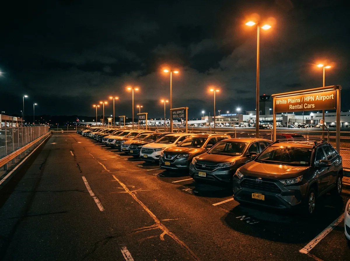 Westchester County white plains HPN airport rental car lot at night, row of vehicles lit by orange-tinted overhead lights, cinematic angle